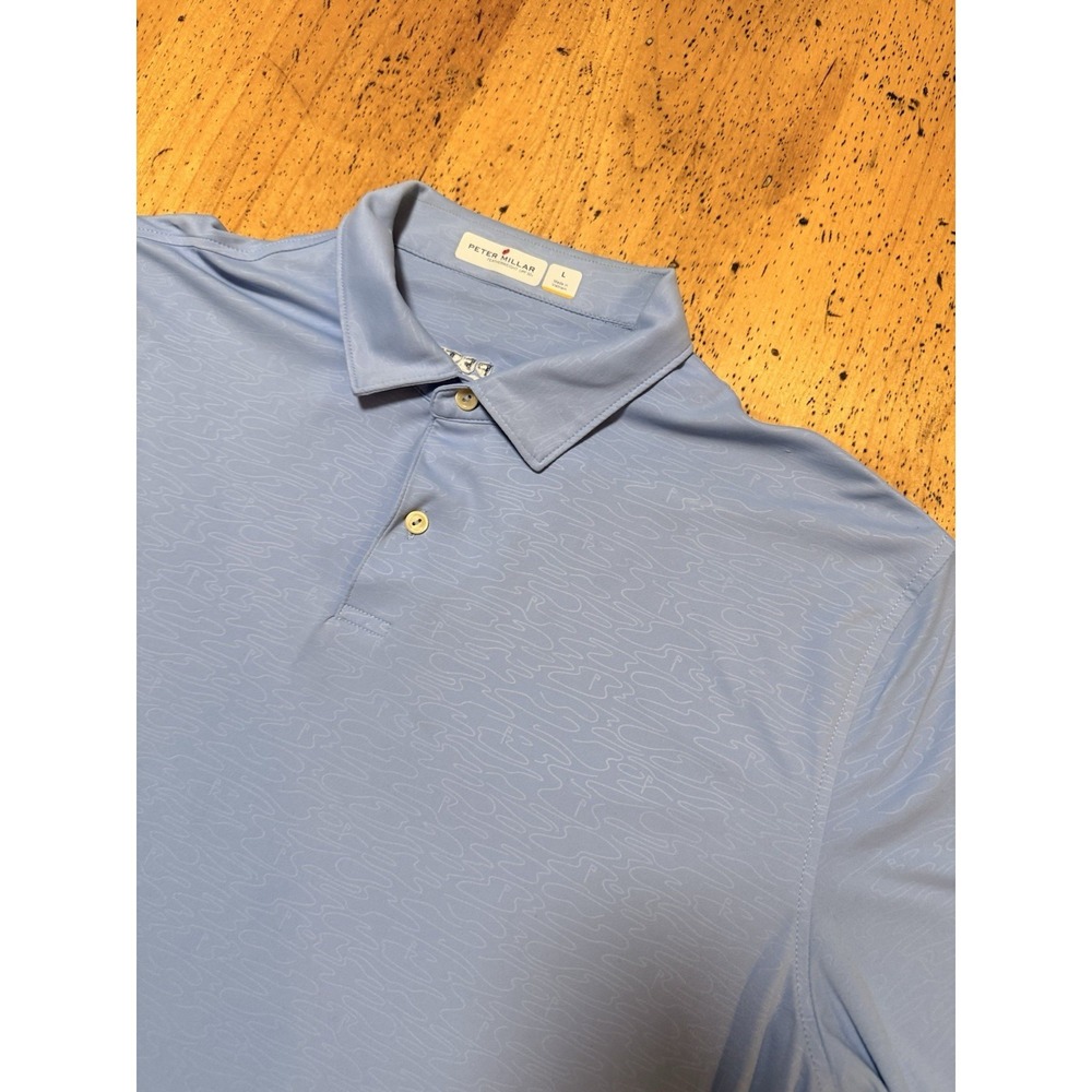 Peter Millar Polo Mens L Tour Logo Blue Featherweight UPF 50+ Golf Course Print
